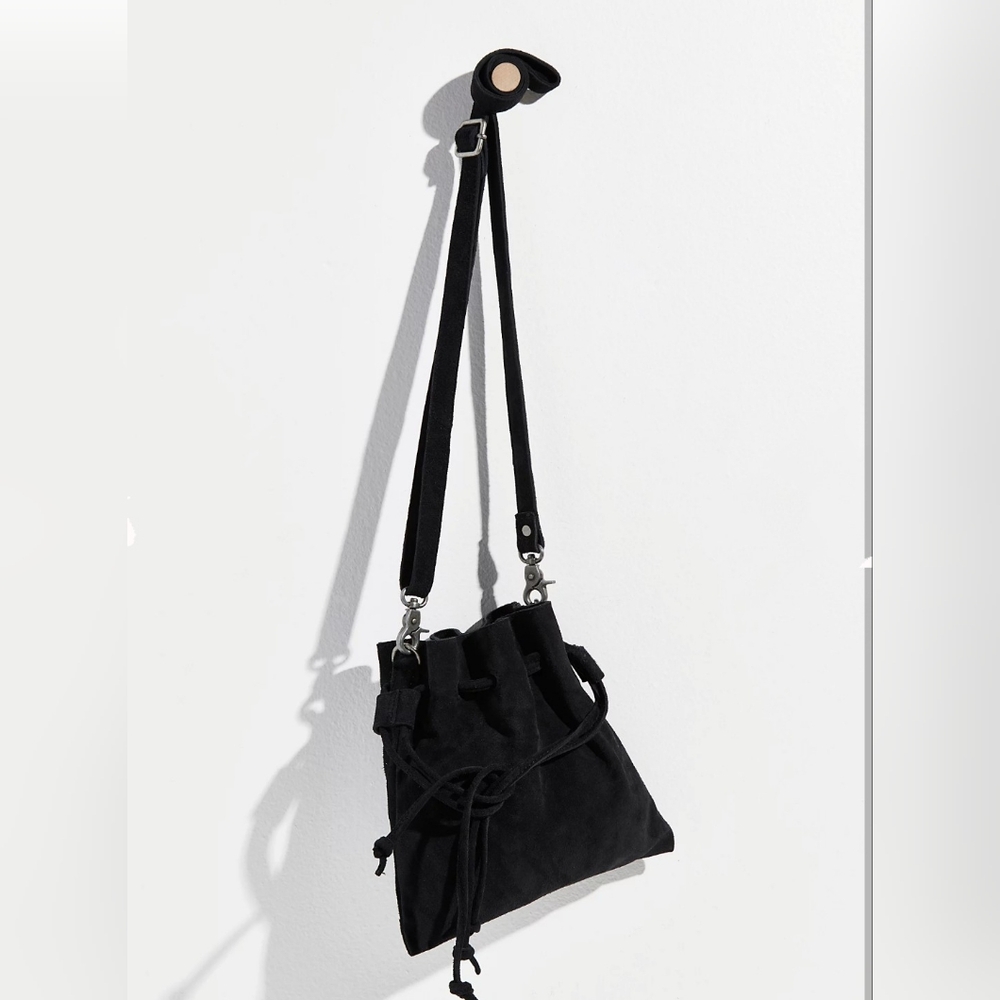 Free People Black Suede Leather Drawstring Crossbody Shoulder Bag Purse